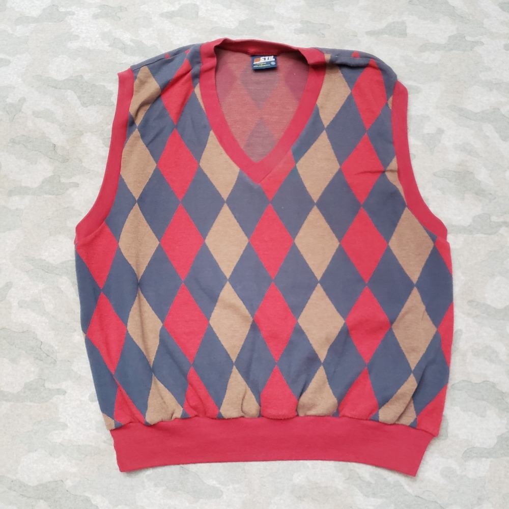 Vintage STIL Sweater Vest Mens XL Red Pullover V-Neck Sleeveless Argyle